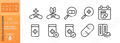 Medicines set icon. Medical treatment, prescription, treat, pills, heart, blister, plate, pill reminder, doctor, drugstore. Healthcare concept. Vector editable set icon on a white background