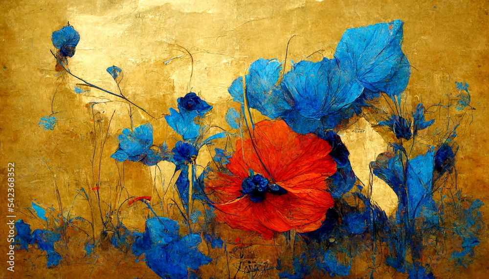 Golden floral art on dark blue background, luxury gold wallpaper design