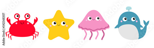 Crab whale Jellyfish Starfish toy icon set line. Big eyes. Yellow star. Cute cartoon kawaii funny baby character. Sea ocean animal collection. Kids print. Flat design. White background. Isolated.
