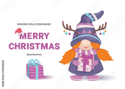 Merry Christmas card with cute gnome girl. Postcard for business, congratulate customers on the new year.