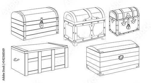 Chests linear icons set. Simple badges with wooden vintage chests. Storage and wardrobe.
