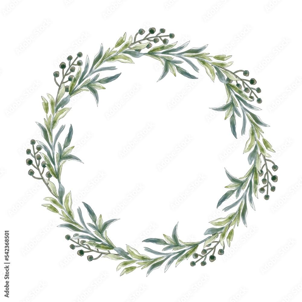 Naklejka premium Floral wreath. Greenery branches, Isolated on white background. Design element for invitation and greeting card