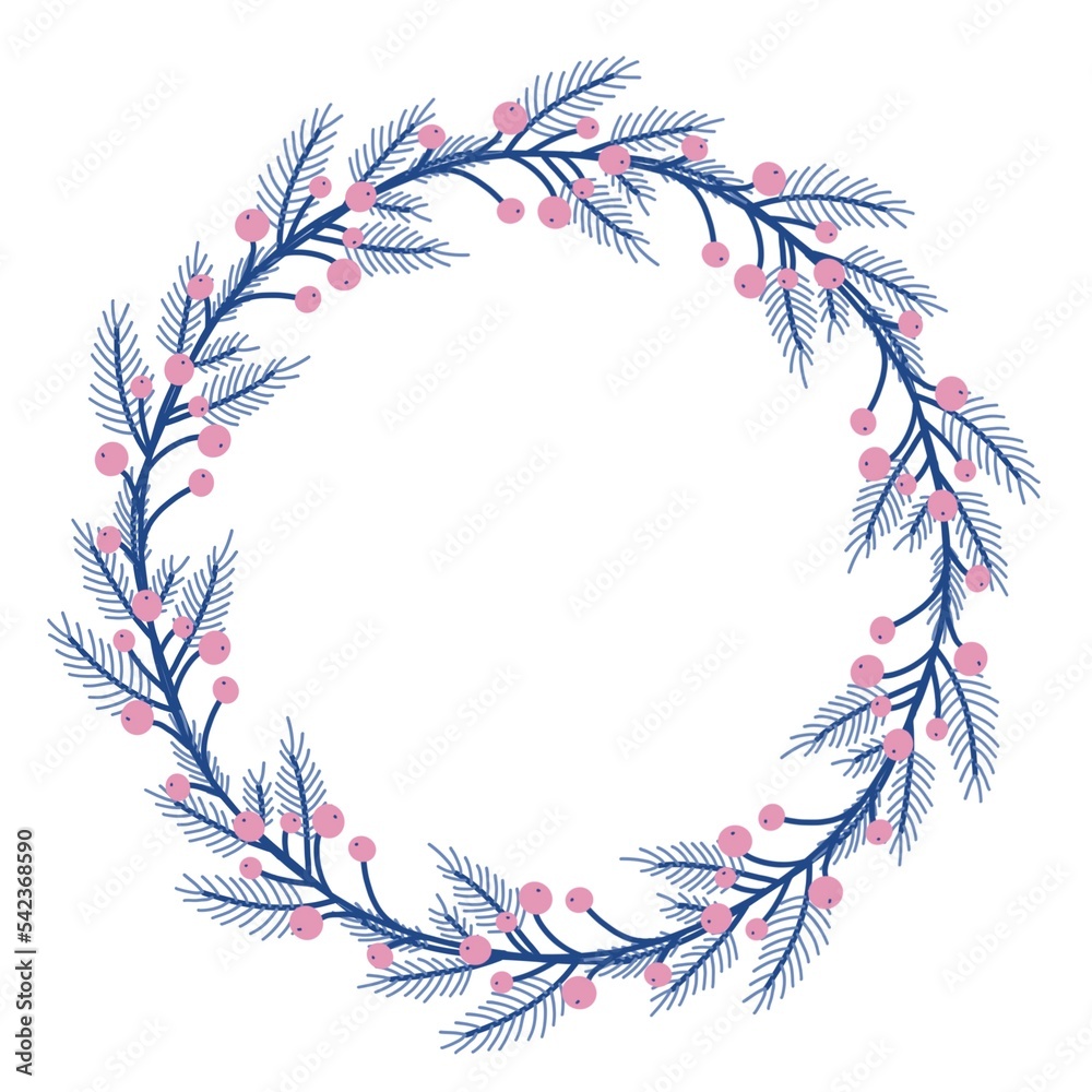 Winter wreath with blue branches and berries. Design for Holidays invitation, greeting card, poster, packaging, print. Winter wreath with blue branches and berries. Design for Holidays invitation, greeting card, poster, packaging, print.
