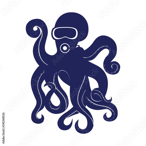 Octopus silhouette icon. Octopus diver for scuba school