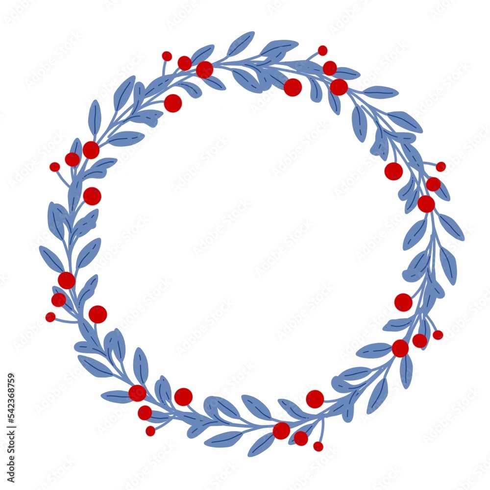 Winter wreath with blue branches and berries. Design for Holidays invitation, greeting card, poster, packaging, print. Winter wreath with blue branches and berries. Design for Holidays invitation, greeting card, poster, packaging, print.
