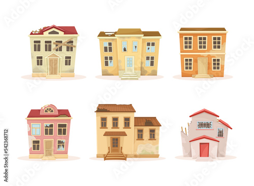 Set of abandoned houses facades with broken windows and doors boarded up. Old ruined suburban cottages vector illustration