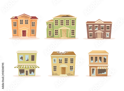 Set of old ruined suburban cottages. Abandoned two storey houses with broken windows vector illustration