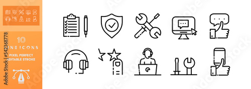 Office worker set icon. PC work, support service, chat, correspondence, rating, star, hotline, operator, website, online consulting. Feedback concept. Vector editable set icon on a white background