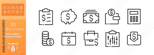 Bank set icon. Card, check, money, dollar, termanal, ATM, bill, cashback, moenta, payment, cash, piggy bank. Salary concept. Vector editable set icon on a white background