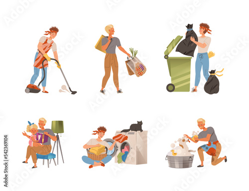 Househusband doing daily routine set. Young man vacuuming floor, throwing garbage, doing laundry, reading book to daughter vector illustration