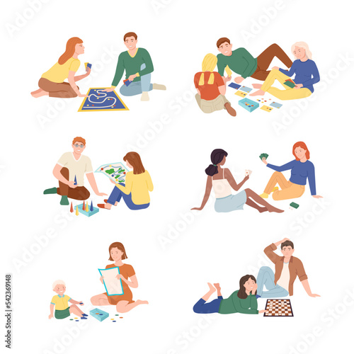 People playing board games set. Families having good time together playing cards, adventure game and checkers at home vector illustration