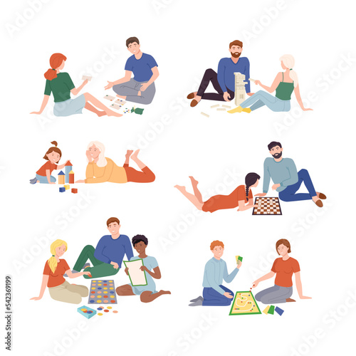 People playing board games set. Families and friends having good time together at home vector illustration