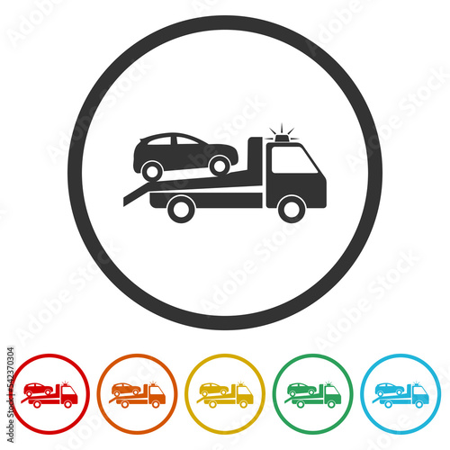 Tow truck icon. Set icons in color circle buttons