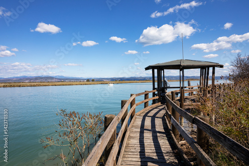 Italy, Friuli Venezia Giulia, Grado, Boardwalk and observation point on bank of Isonzo river photo