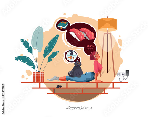 girl does yoga in a beautiful interior, cat, sushi, floor lamp