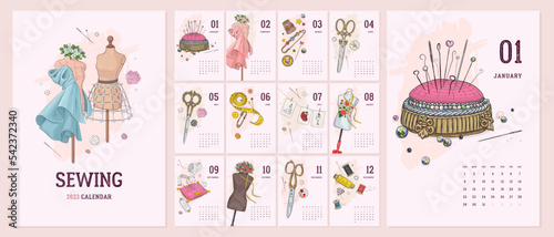 Illustrated 2023 calendar template with hand drawn vintage sewing tools and accesories. Vector illustration