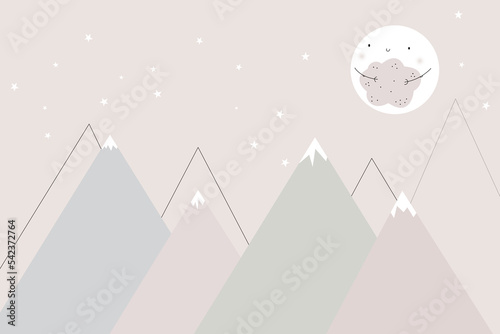Children's wallpaper. Mountainscape, children's room design, wall decor. Children's hand-drawn mountains with the moon in the Scandinavian style. Cute moon with clouds and stars