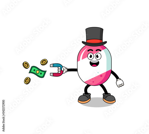 Character Illustration of candy catching money with a magnet