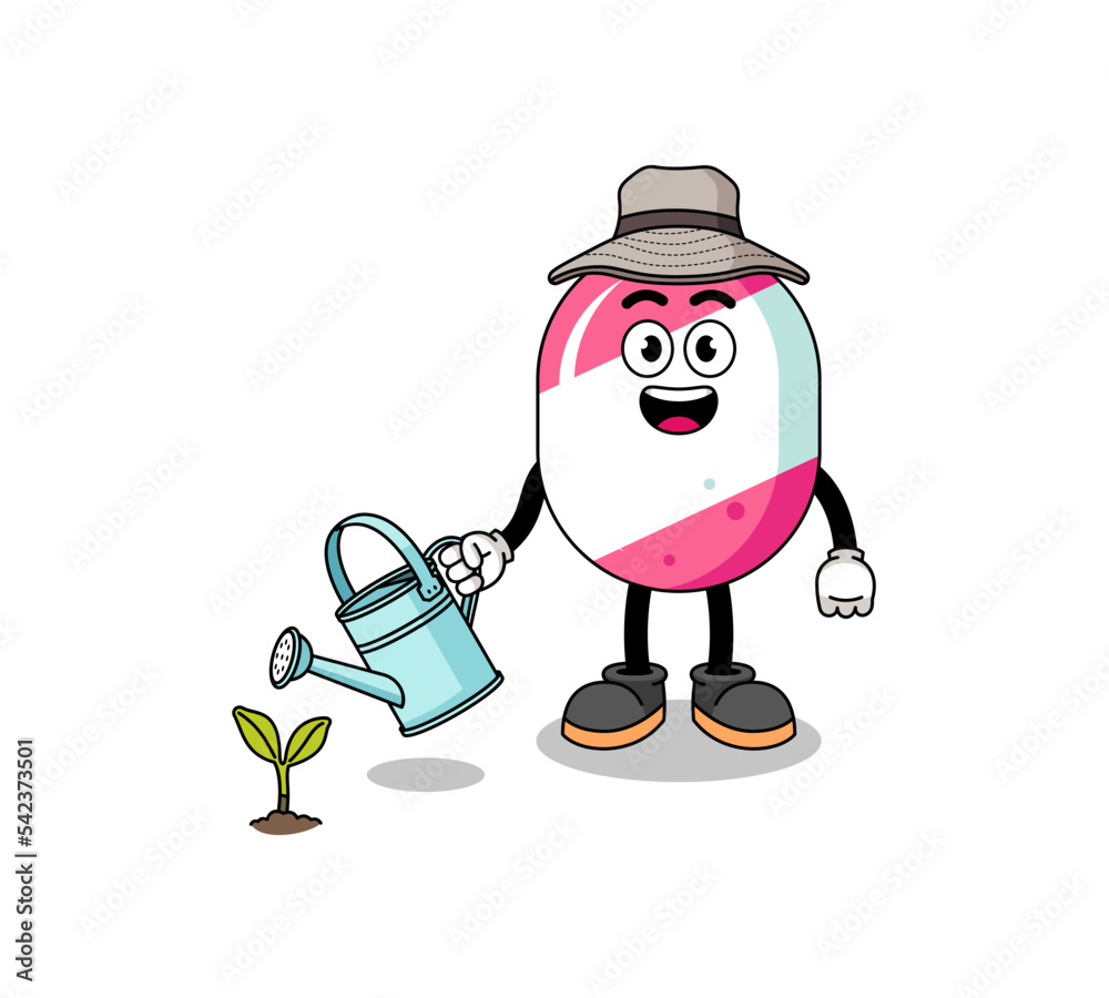Illustration of candy cartoon watering the plant