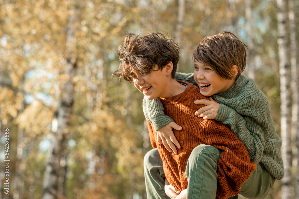 Happy boy giving piggyback ride to brother in park Happy boy giving piggyback ride to brother in park