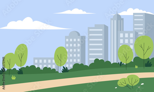 Fototapeta Naklejka Na Ścianę i Meble -  City park. Urban park and green trees, skyscrapers on background. Flat vector illustration