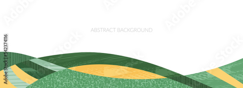 Abstract farm field collage background. Agro land backdrop, farmland landscape vector illustration with texture. Oriental decorative banner, eco design, green rural panorama, ecology art header