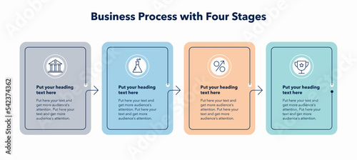 Simple business process template with four stages. Flat infographic design with minimalistic icons.