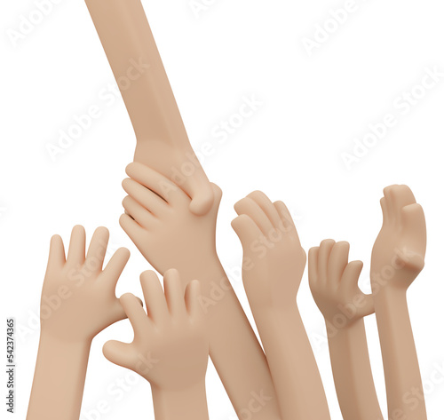 3D Rendering of hand reaching to each other concept of help support unity and teamwork. 3D Render illustration cartoon style.