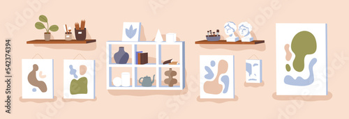 Pictures and shelves, wall design. Abstract paintings, hanging posters and art stuff, supplies composition, arrangement. Artworks, figurine, home interior decoration. Flat vector illustration