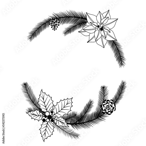 Wreath of fir branches and Christmas flowers. Black and white silhouette for cutting and printing.