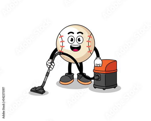 Character mascot of baseball holding vacuum cleaner