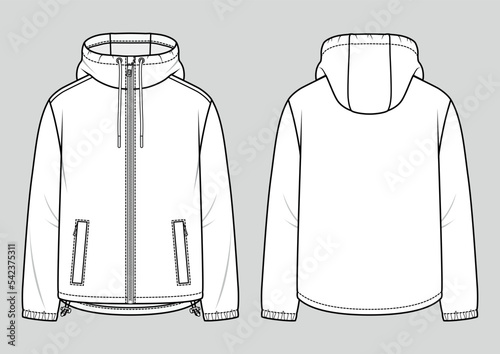 Men's hooded windbreaker jacket. Fashion sketch. Flat technical drawing. Vector illustration. photo