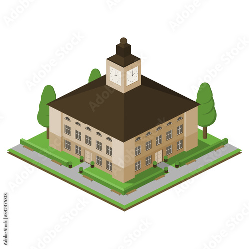 Isometric town hall, city hall with tower and clock. European architecture.
