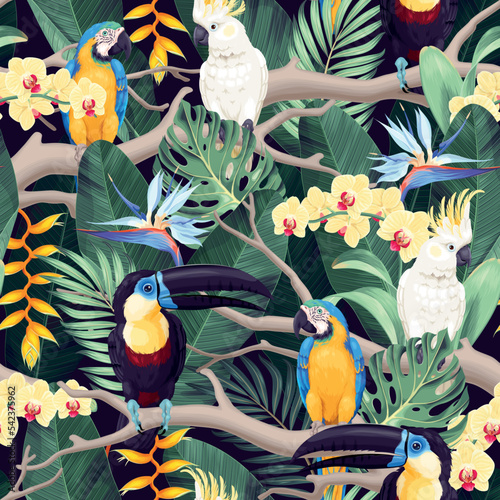 Seamless pattern with exotic flowers and birds