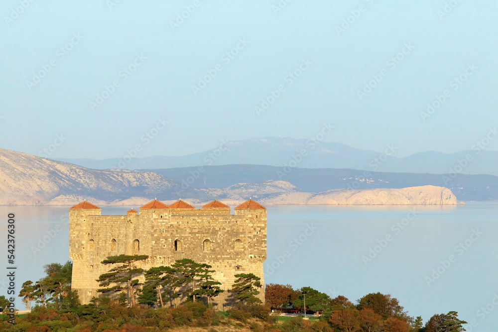 Nehaj Fortress in old town Senj, touristic destination on Adriatic sea, Croatia. Island Krk in background. 