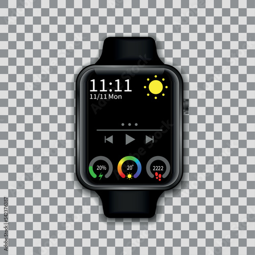 Modern smart watch mockup. Smart watch with black bracelet realistic. Modern wristwatch mock up.