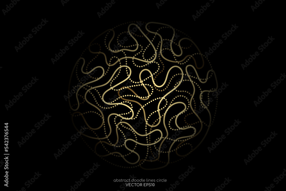 Abstract doodle line in circle sphere shape by gold light line like brain isolated on black background. Vector 3D illustration in concept of modern, luxury, creative, brain, A.I. technology. Abstract doodle line in circle sphere shape by gold light line like brain isolated on black background. Vector 3D illustration in concept of modern, luxury, creative, brain, A.I. technology.