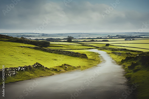 A winding road through moorland. 