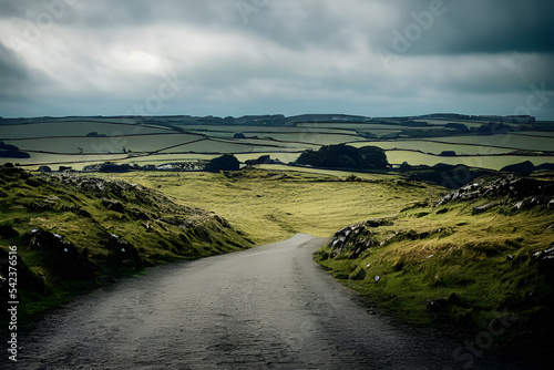 A winding road through moorland. 