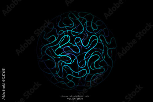 Abstract doodle line in circle sphere shape by blue green light line like brain isolated on black background. Vector 3D illustration in concept of modern, creative, brain, A.I. technology.