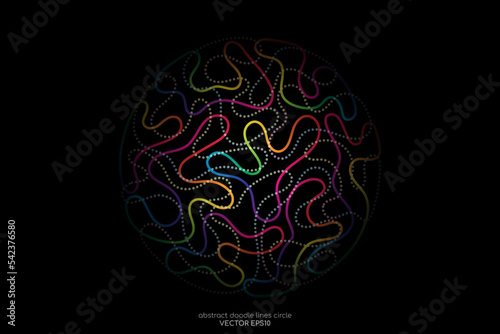 Abstract doodle line in circle sphere shape by colorful spectrum light line like brain isolated on black background. Vector 3D illustration in concept of modern  creative  brain  A.I. technology.