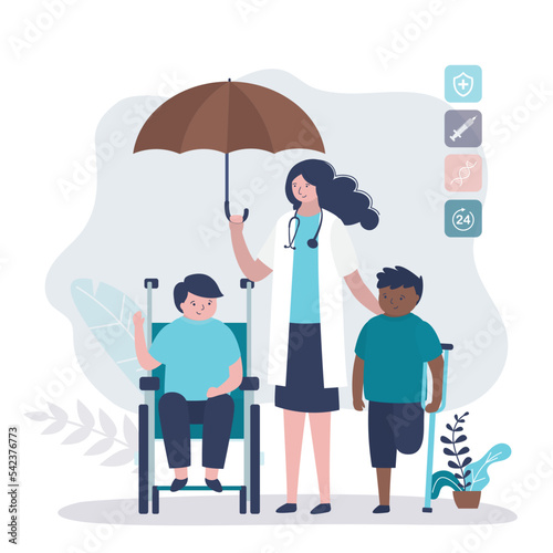 Doctor holds umbrella and protective children with disabilities. Schoolboy without leg with crutch. Boy sits in wheelchair. Concept of disabled care, healthcare, rehabilitation.