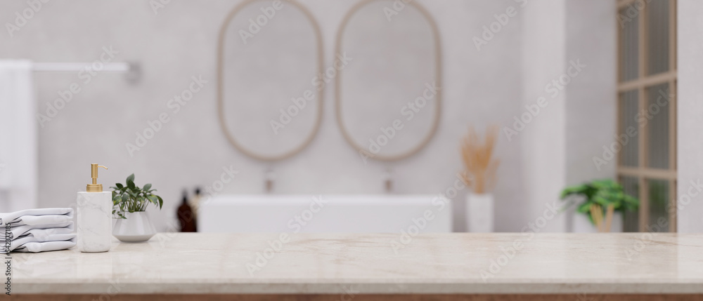 Bathroom white marble countertop with copy space over blurred luxury bathroom with double sink Bathroom white marble countertop with copy space over blurred luxury bathroom with double sink