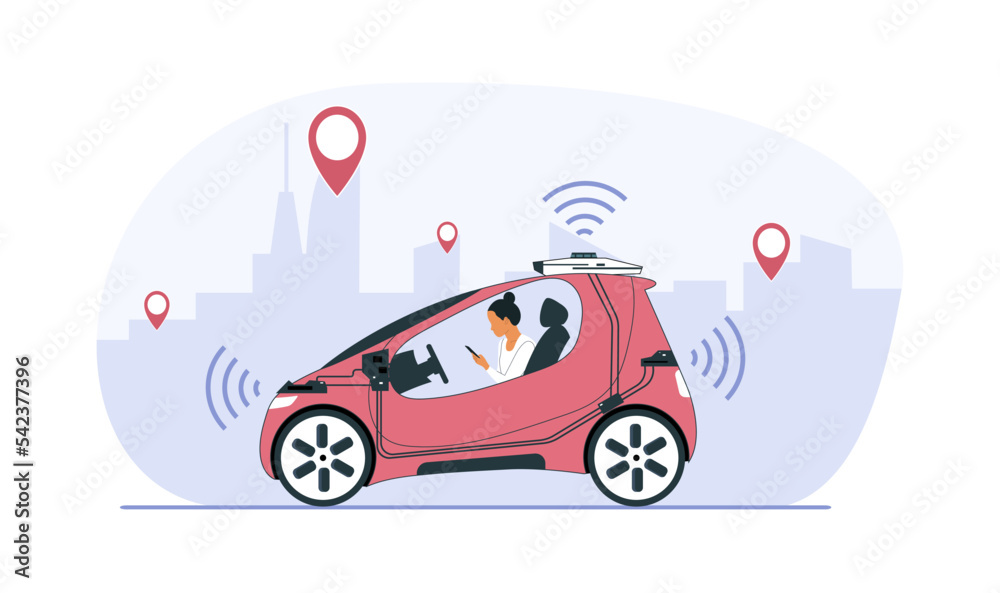 Fototapeta premium Self-driving car with a woman rides around the city. Vector illustration.