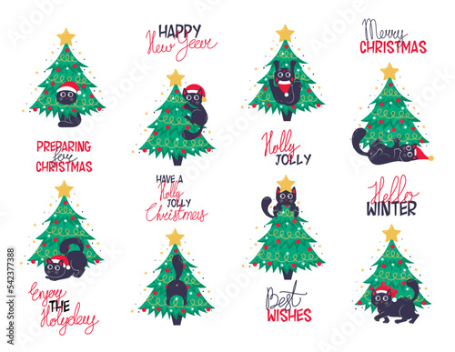bundle of funny kawaii cats playing and climbing a decorated christmas trees and new year slogans lettering in flat style isolated on white background
