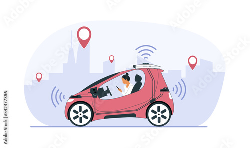 Self-driving car with a woman rides around the city. Vector illustration.