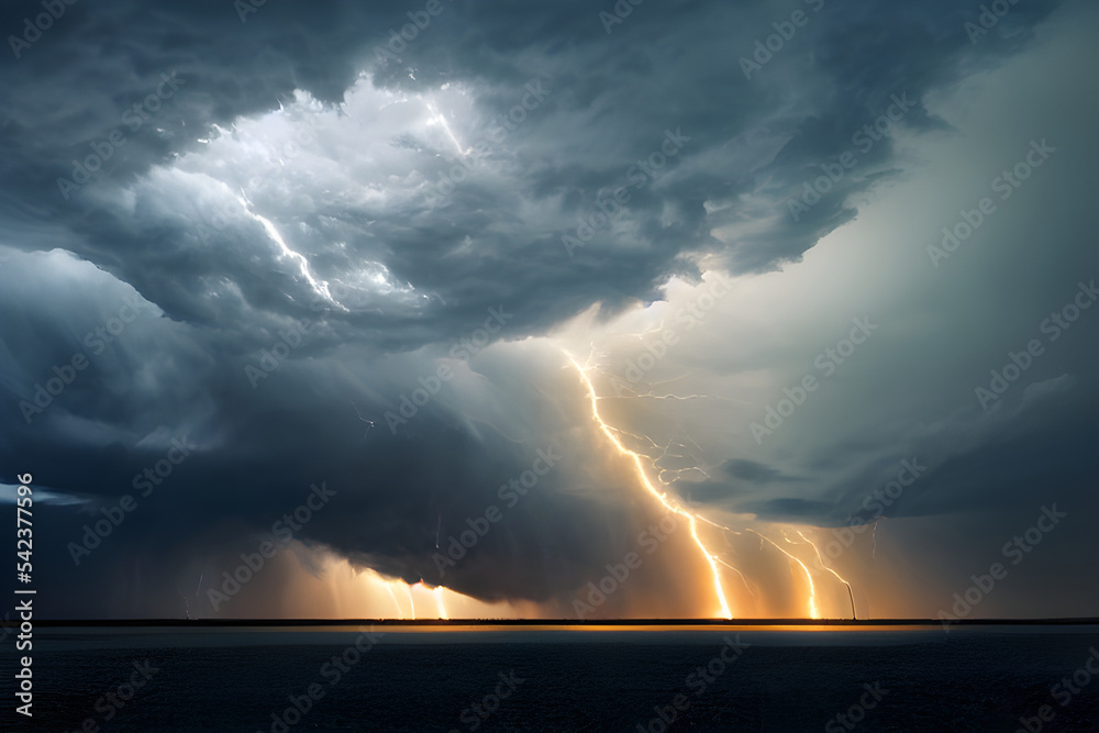 Obraz premium A dramatic overcast sky. Thunder and lightning. Suitable for scenes of alien invasion, hell, apocalypse etc. 