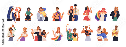 LGBT people set. LGBTQ, homosexual, heterosexual couples, men, women, trangenders. Diverse love, sexual fetishes, gay and lesbian relationships. Flat vector illustrations isolated on white background