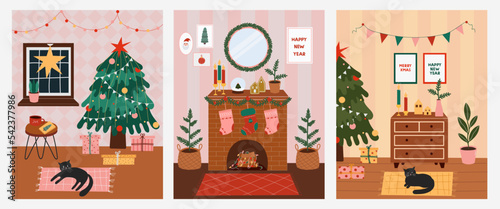 Set of Christmas posters with decorated home interior. Cozy winter holiday rooms in flat cartoon style. Vector New Year festive card.