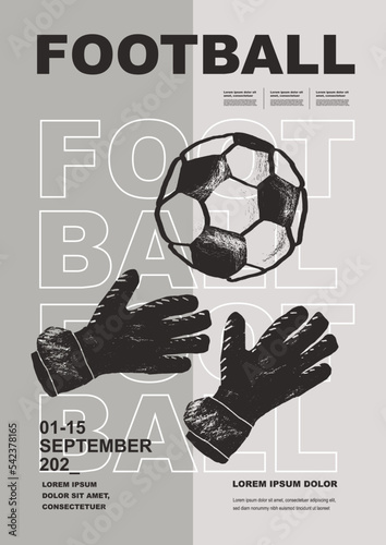 Template Sport Layout Design, soccer football. Football league tournament poster vector illustration. Ball with gloves, hands football pitch background.